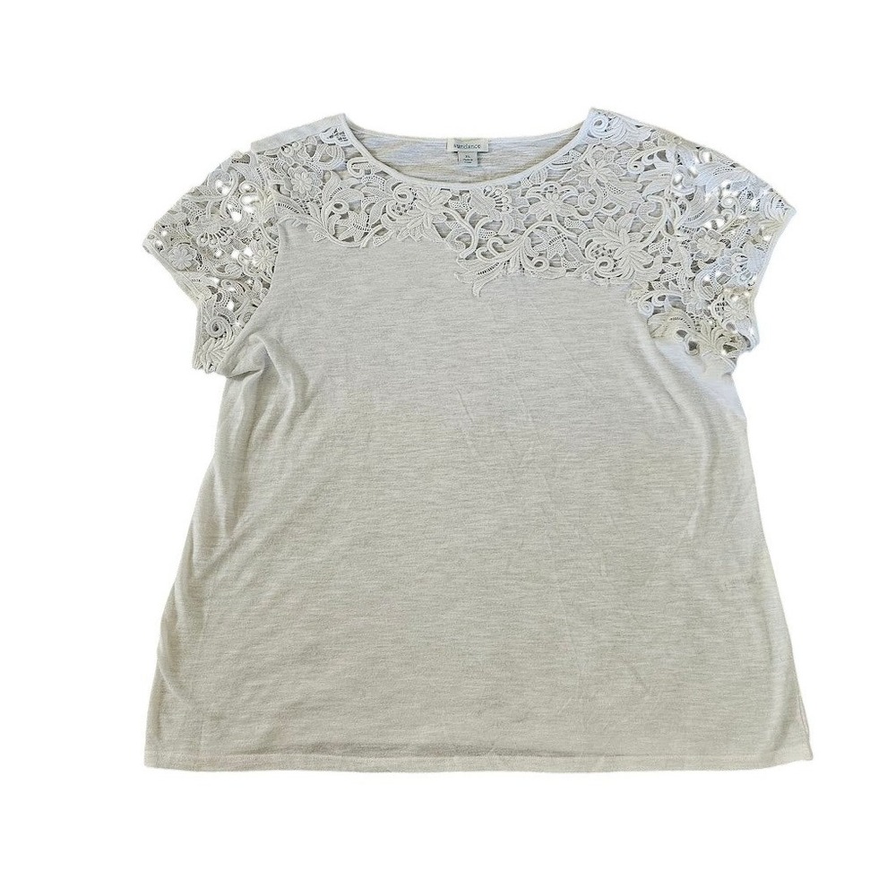 Sundance Womens XL White Heather Crochet Floral Lace Shoulder Short Sleeve Top